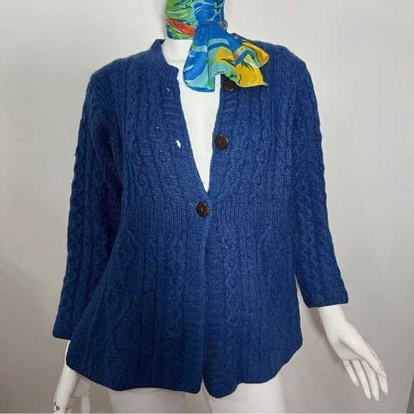 Carraigdonn Made in Ireland 100% Merino Wool Royal Blue Cable Knit Cardigan - L - Picture 4 of 11